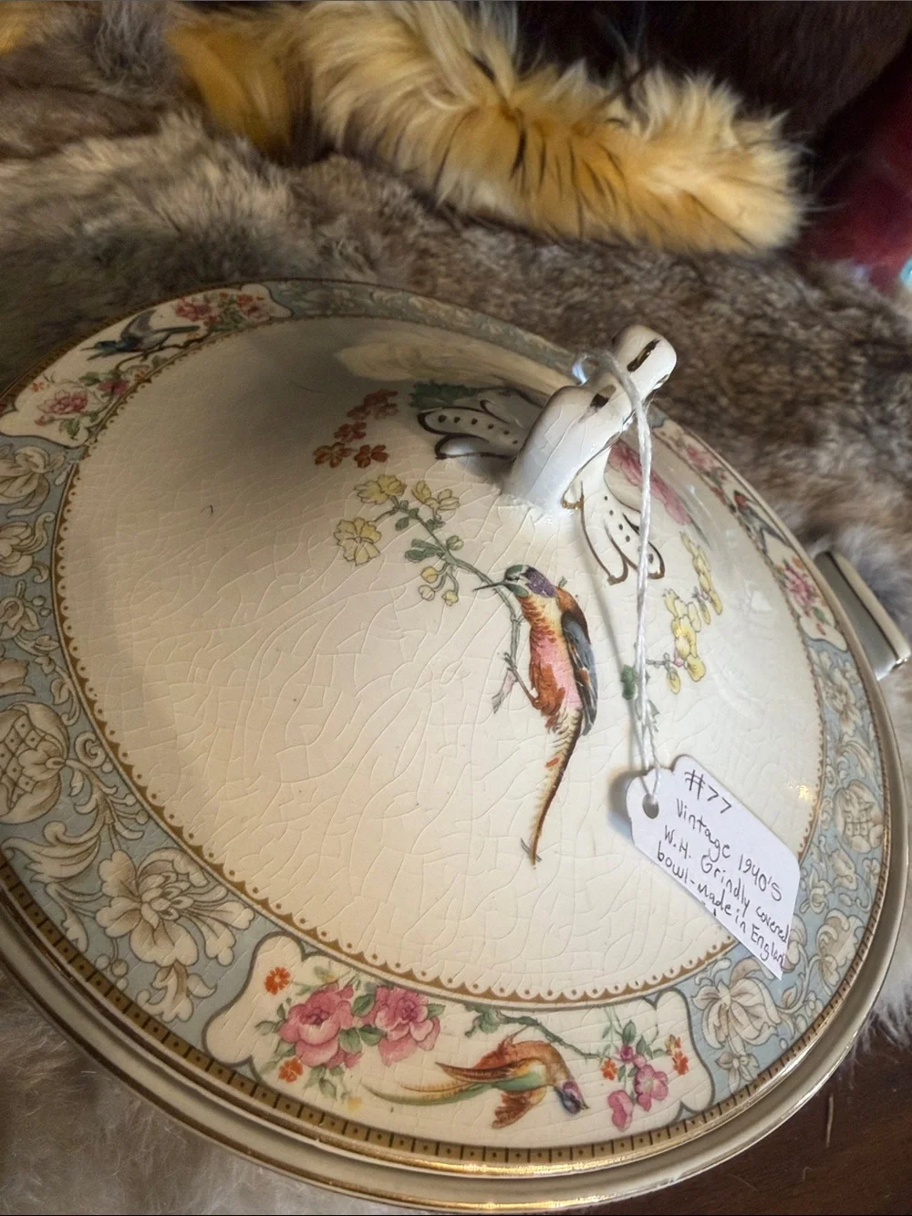 Cream Porcelain Covered Serving Bowl with Floral & Bird Motif (5240)